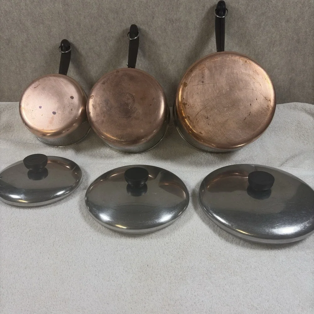 Revere Ware Pre 1968 Copper Bottom 1 Qt, 1.5 Qt, 2 Qt Set of Saucepans W/Lids